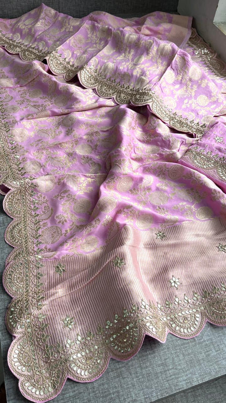 Pure Khaddi Georgette Banarasi Saree with Gotapatti, Zardozi & Pearl Embellishments