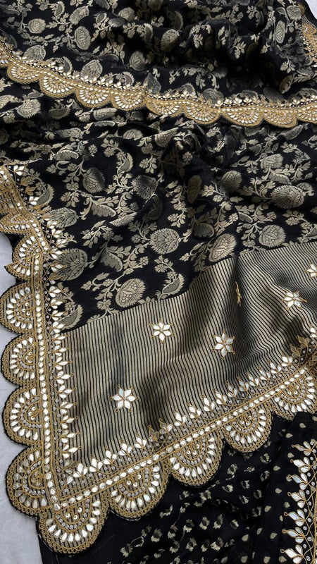 Pure Khaddi Georgette Banarasi Saree with Gotapatti, Zardozi & Pearl Embellishments
