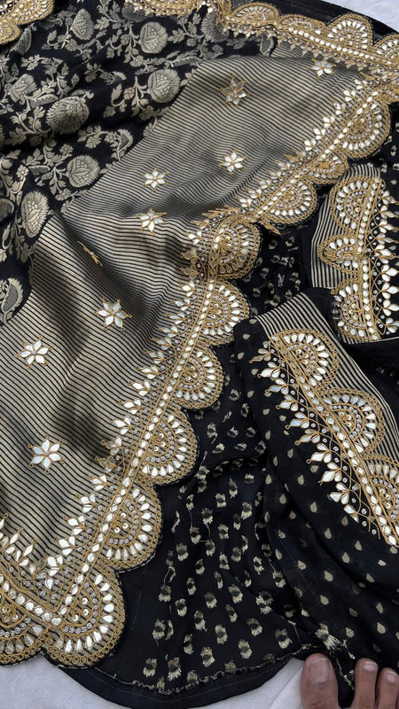Pure Khaddi Georgette Banarasi Saree with Gotapatti, Zardozi & Pearl Embellishments
