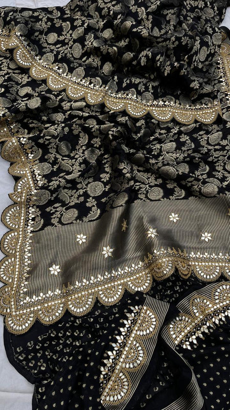Pure Khaddi Georgette Banarasi Saree with Gotapatti, Zardozi & Pearl Embellishments