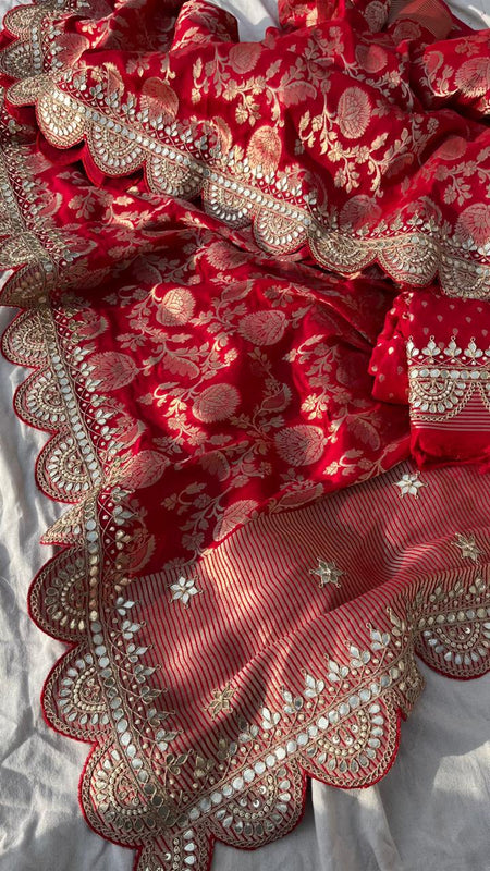 Pure Khaddi Georgette Banarasi Saree with Gotapatti, Zardozi & Pearl Embellishments
