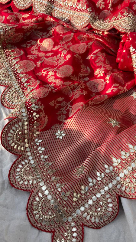 Pure Khaddi Georgette Banarasi Saree with Gotapatti, Zardozi & Pearl Embellishments