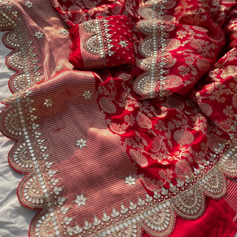 Pure Khaddi Georgette Banarasi Saree with Gotapatti, Zardozi & Pearl Embellishments