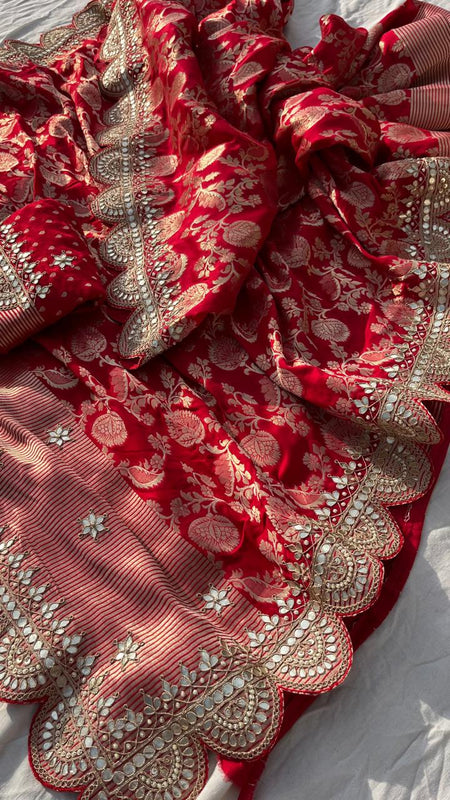 Pure Khaddi Georgette Banarasi Saree with Gotapatti, Zardozi & Pearl Embellishments