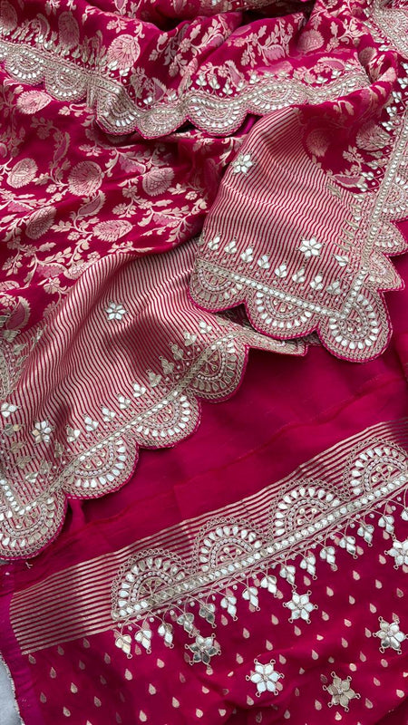 Pure Khaddi Georgette Banarasi Saree with Gotapatti, Zardozi & Pearl Embellishments