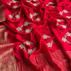 Pure Munga Silk Banarasi Saree with Zardozi, Kutdana & Pearl Work