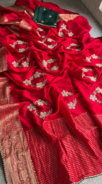 Pure Munga Silk Banarasi Saree with Zardozi, Kutdana & Pearl Work