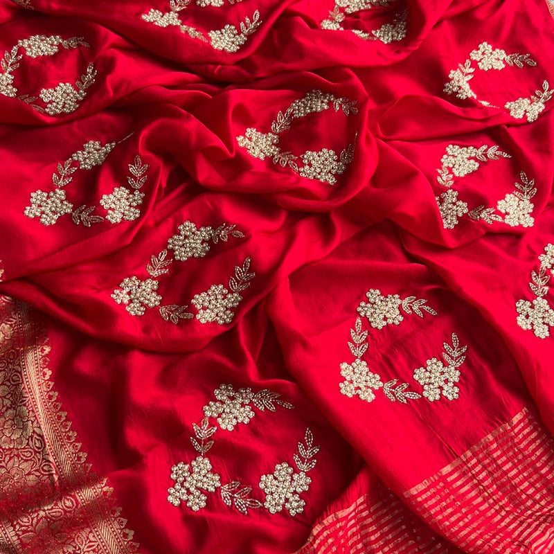 Pure Munga Silk Banarasi Saree with Zardozi, Kutdana & Pearl Work