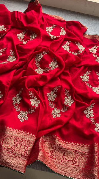 Pure Munga Silk Banarasi Saree with Zardozi, Kutdana & Pearl Work