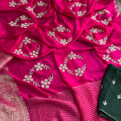 Pure Munga Silk Banarasi Saree with Zardozi, Kutdana & Pearl Work