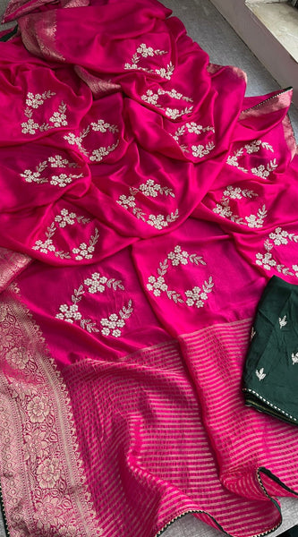 Pure Munga Silk Banarasi Saree with Zardozi, Kutdana & Pearl Work