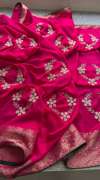 Pure Munga Silk Banarasi Saree with Zardozi, Kutdana & Pearl Work