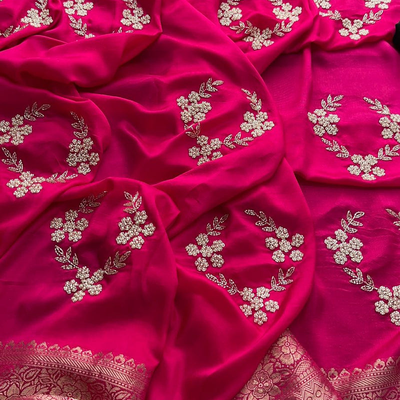Pure Munga Silk Banarasi Saree with Zardozi, Kutdana & Pearl Work
