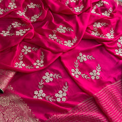 Pure Munga Silk Banarasi Saree with Zardozi, Kutdana & Pearl Work