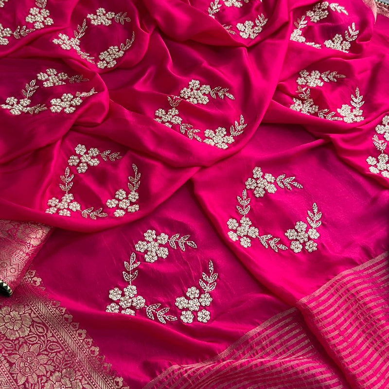 Pure Munga Silk Banarasi Saree with Zardozi, Kutdana & Pearl Work