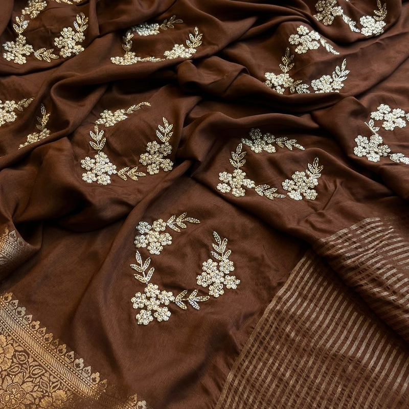 Pure Munga Silk Banarasi Saree with Zardozi, Kutdana & Pearl Work
