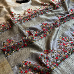 Pure Tussar Linen Silk Saree with Hand Knot & Katha Work