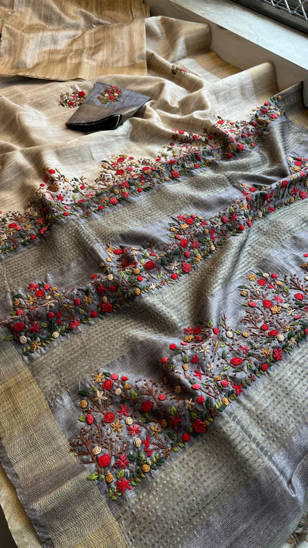 Pure Tussar Linen Silk Saree with Hand Knot & Katha Work