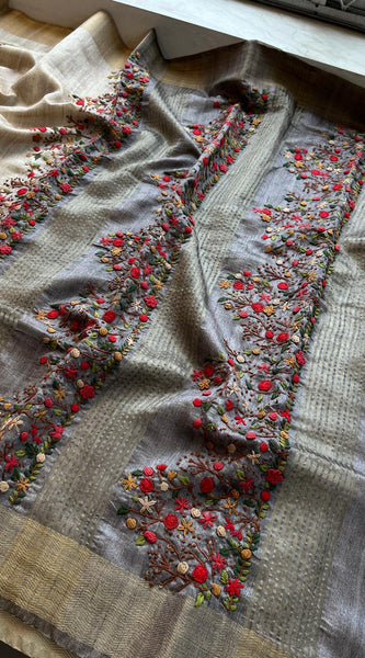 Pure Tussar Linen Silk Saree with Hand Knot & Katha Work