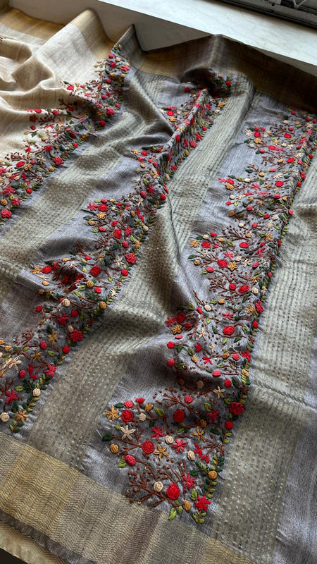 Pure Tussar Linen Silk Saree with Hand Knot & Katha Work