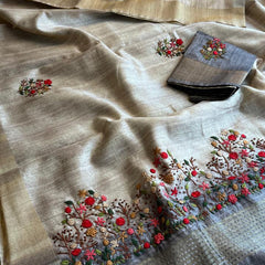 Pure Tussar Linen Silk Saree with Hand Knot & Katha Work