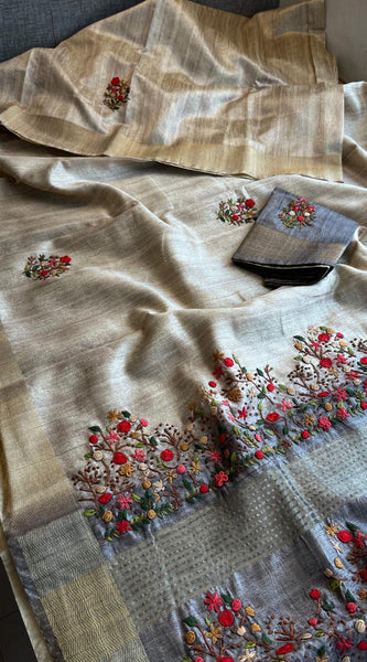 Pure Tussar Linen Silk Saree with Hand Knot & Katha Work