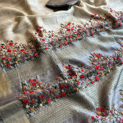 Pure Tussar Linen Silk Saree with Hand Knot & Katha Work