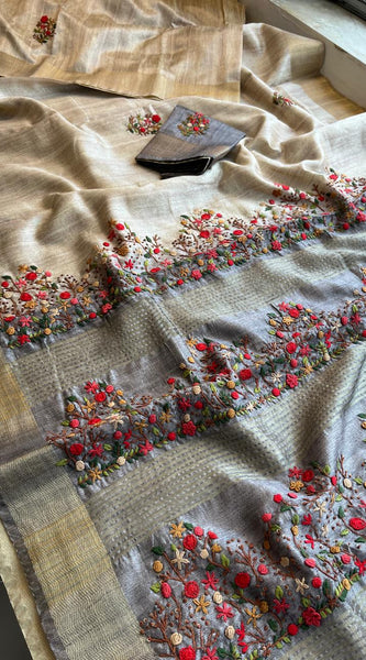 Pure Tussar Linen Silk Saree with Hand Knot & Katha Work