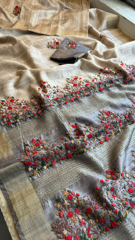 Pure Tussar Linen Silk Saree with Hand Knot & Katha Work