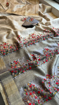 Pure Tussar Linen Silk Saree with Hand Knot & Katha Work