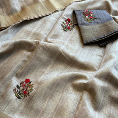 Pure Tussar Linen Silk Saree with Hand Knot & Katha Work