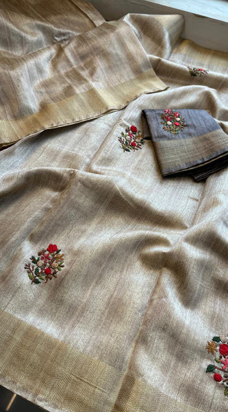 Pure Tussar Linen Silk Saree with Hand Knot & Katha Work