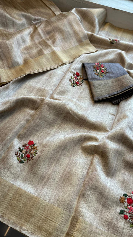 Pure Tussar Linen Silk Saree with Hand Knot & Katha Work