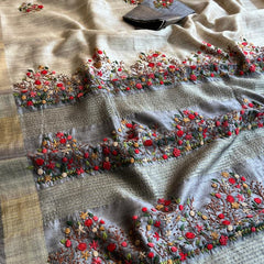 Pure Tussar Linen Silk Saree with Hand Knot & Katha Work