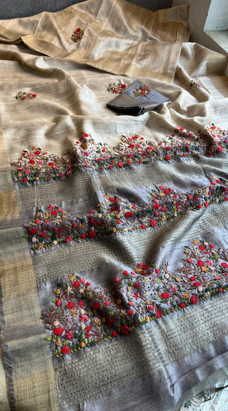Pure Tussar Linen Silk Saree with Hand Knot & Katha Work