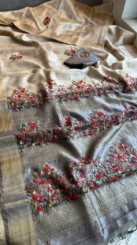 Pure Tussar Linen Silk Saree with Hand Knot & Katha Work