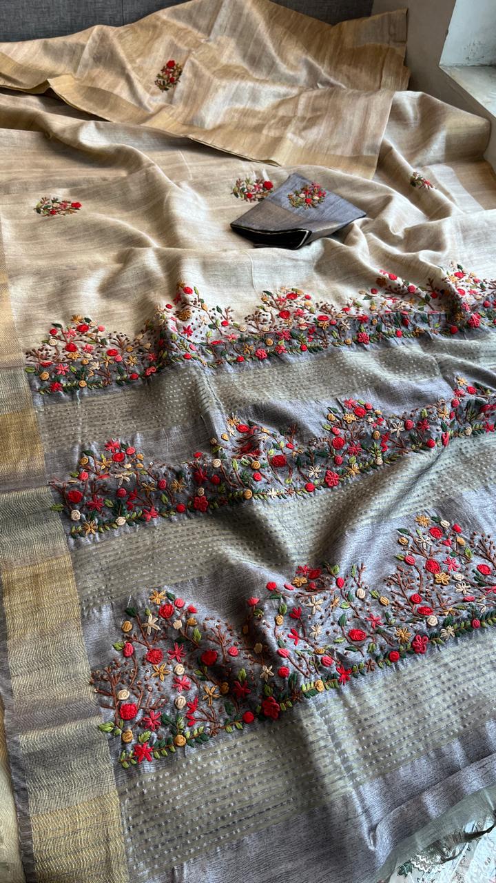 Pure Tussar Linen Silk Saree with Hand Knot & Katha Work