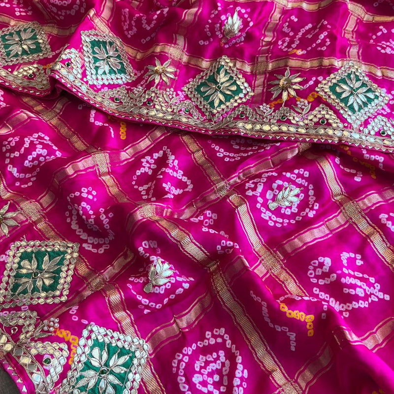 Pure Gajji Silk Handmade Bandhani Saree with Zardozi, Gotapatti & Pearl Embellishments