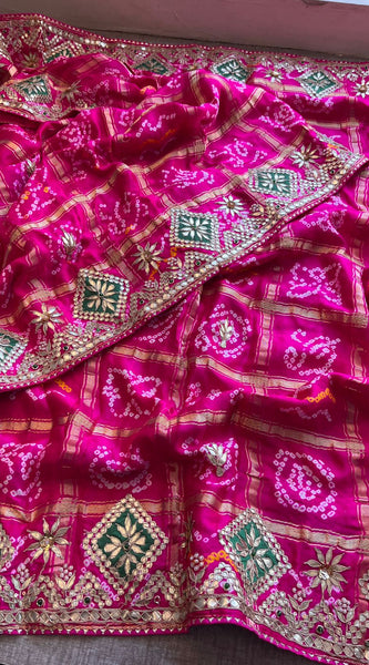 Pure Gajji Silk Handmade Bandhani Saree with Zardozi, Gotapatti & Pearl Embellishments