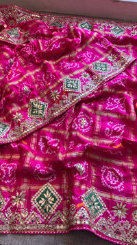 Pure Gajji Silk Handmade Bandhani Saree with Zardozi, Gotapatti & Pearl Embellishments
