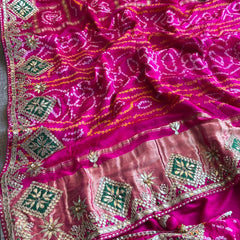 Pure Gajji Silk Handmade Bandhani Saree with Zardozi, Gotapatti & Pearl Embellishments