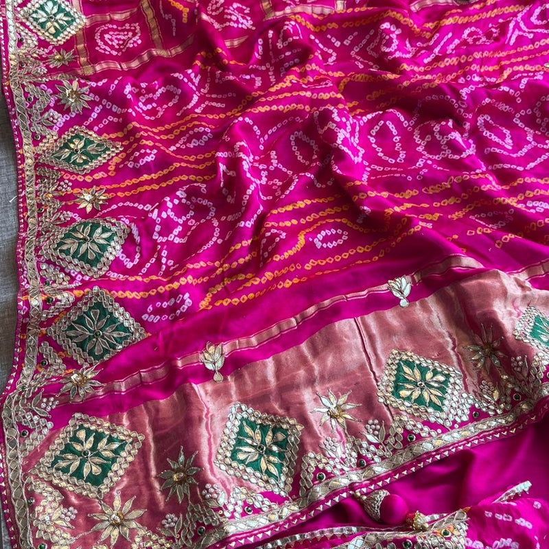 Pure Gajji Silk Handmade Bandhani Saree with Zardozi, Gotapatti & Pearl Embellishments