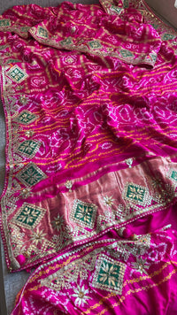 Pure Gajji Silk Handmade Bandhani Saree with Zardozi, Gotapatti & Pearl Embellishments