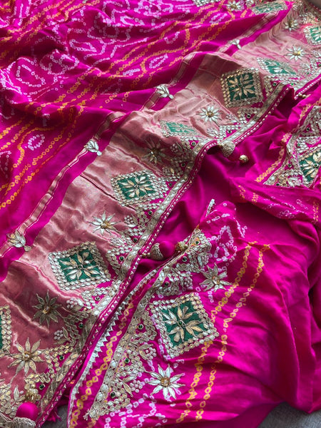 Pure Gajji Silk Handmade Bandhani Saree with Zardozi, Gotapatti & Pearl Embellishments