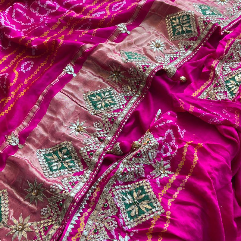Pure Gajji Silk Handmade Bandhani Saree with Zardozi, Gotapatti & Pearl Embellishments