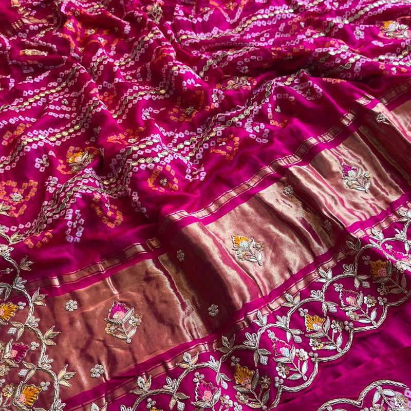 Pure Gajji Silk Handmade Bandhani Saree with Zardozi, Gotapatti & Pearl Detailing