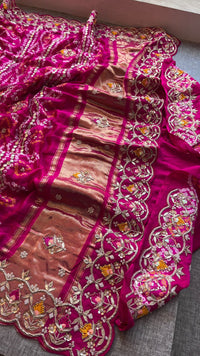 Pure Gajji Silk Handmade Bandhani Saree with Zardozi, Gotapatti & Pearl Detailing