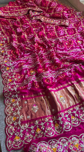 Pure Gajji Silk Handmade Bandhani Saree with Zardozi, Gotapatti & Pearl Detailing