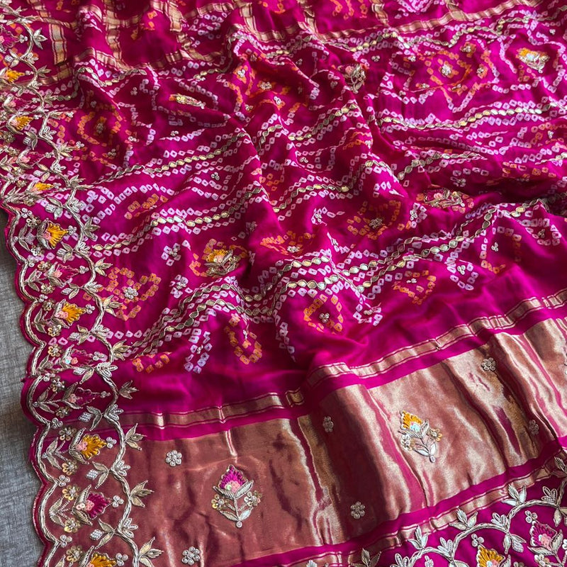 Pure Gajji Silk Handmade Bandhani Saree with Zardozi, Gotapatti & Pearl Detailing