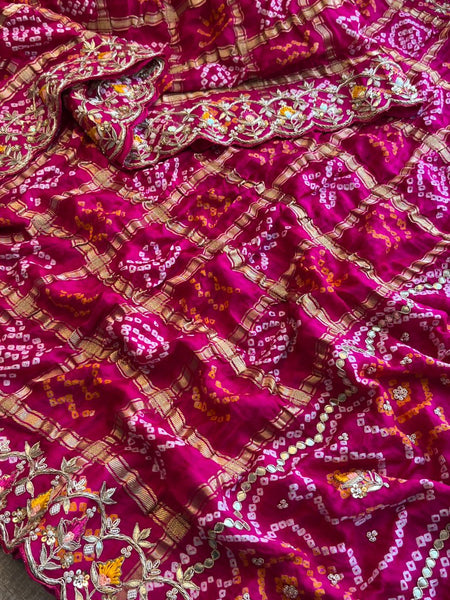 Pure Gajji Silk Handmade Bandhani Saree with Zardozi, Gotapatti & Pearl Detailing